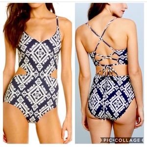 NWT Tory Burch Navy Blue geo One Piece Bathing Suit Size XL